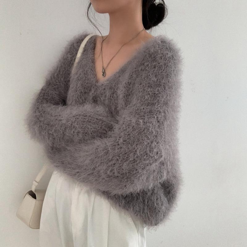 Korejský šik retro svetr kardigan s výstřihem do V z umělé norkové kožešiny - Dámské pletené zboží s dlouhým rukávem a volným střihem