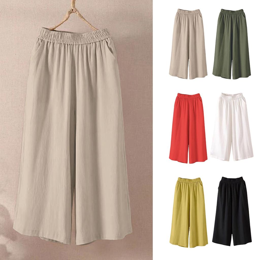 Pantaloni Capris Larghi Estivi da Donna Casual e Versatili Stile Pigro in Cotone e Lino con Tasche Leggeri Vita Alta Sformati Corti