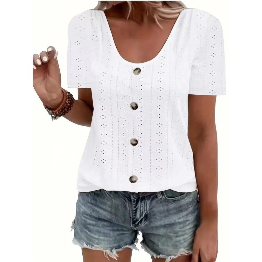 VEZFAA Damenmode Casual Sommer Frühling Einfarbig Druck Kurzarm U-Ausschnitt Blusen & Hemden