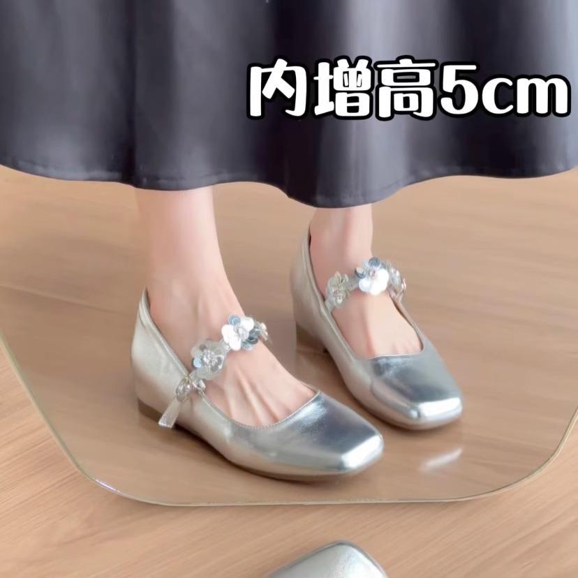 Inner height increase 5cm silver sequins light mouth ballet single shoes women 2025 gentle and versatile skirt Mary Jane shoes women