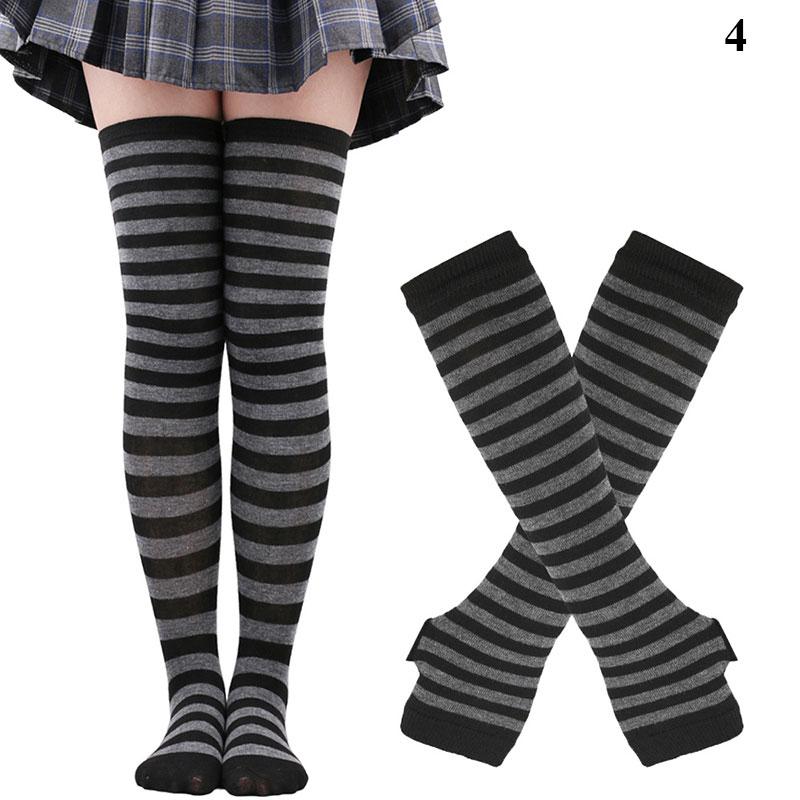Y2K Women Girls Over Knee Long Stripe Printed Thigh High Cotton Socks Arm Sleeve Gloves 1 Set Overknee Socks Long Gloves 2024