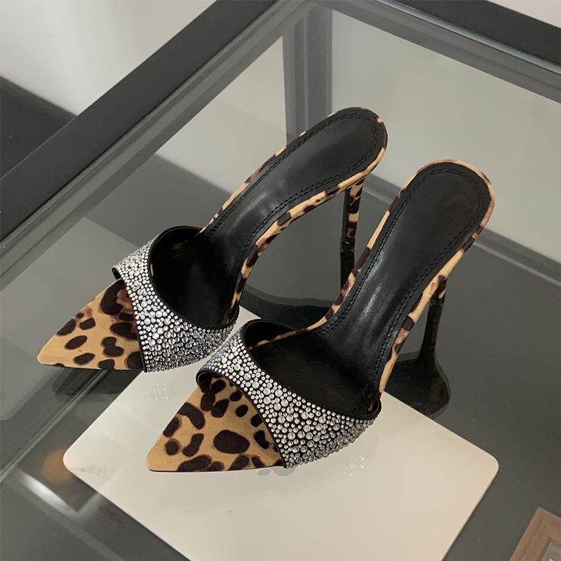 Slippers Dominant SisterStyleSummer Pointed Toe Thin Heel High Heels Women's Outdoor Wear Leopard Print Sexy RhinestoneThinHigh HeelOne-Strap Sandals