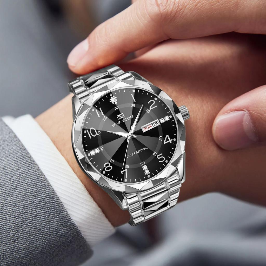 Men Watch Water Diamond Luxury Night Glow Double Calendar Quartz Movement 41mm Blue Gold Stainless Steel Fashion Business Watch