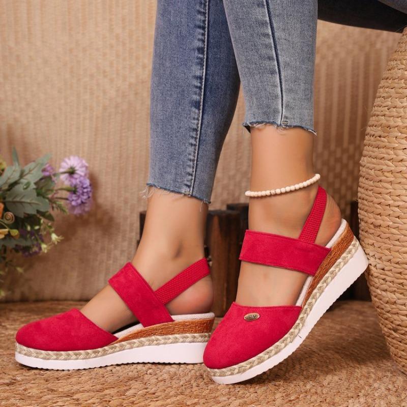 Large size color matching bag head rear empty sandals slope heel light hemp rope braided buckle women's shoes thick sole cool