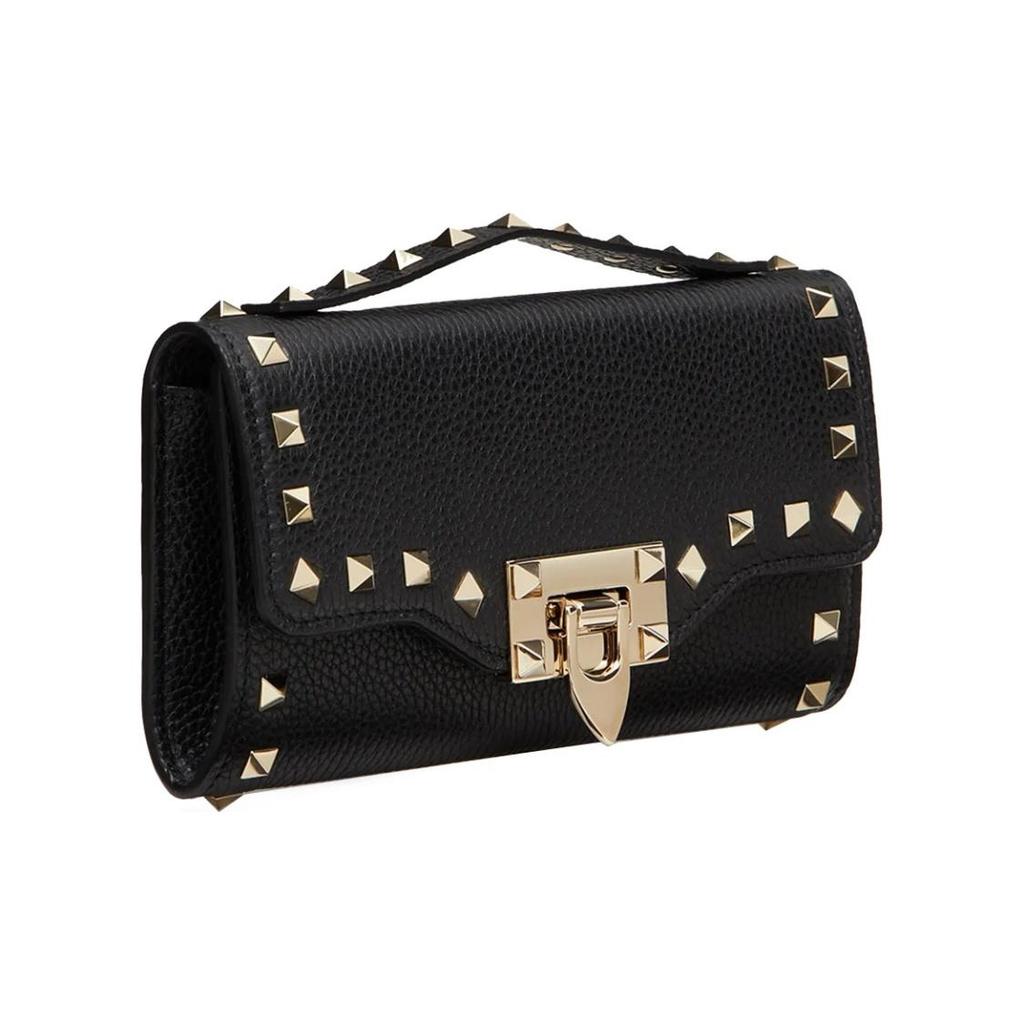 Valentino GARAVANI Grained Leather Wallet with Metal Rivet Buckle Chain Strap Calfskin Women's Black