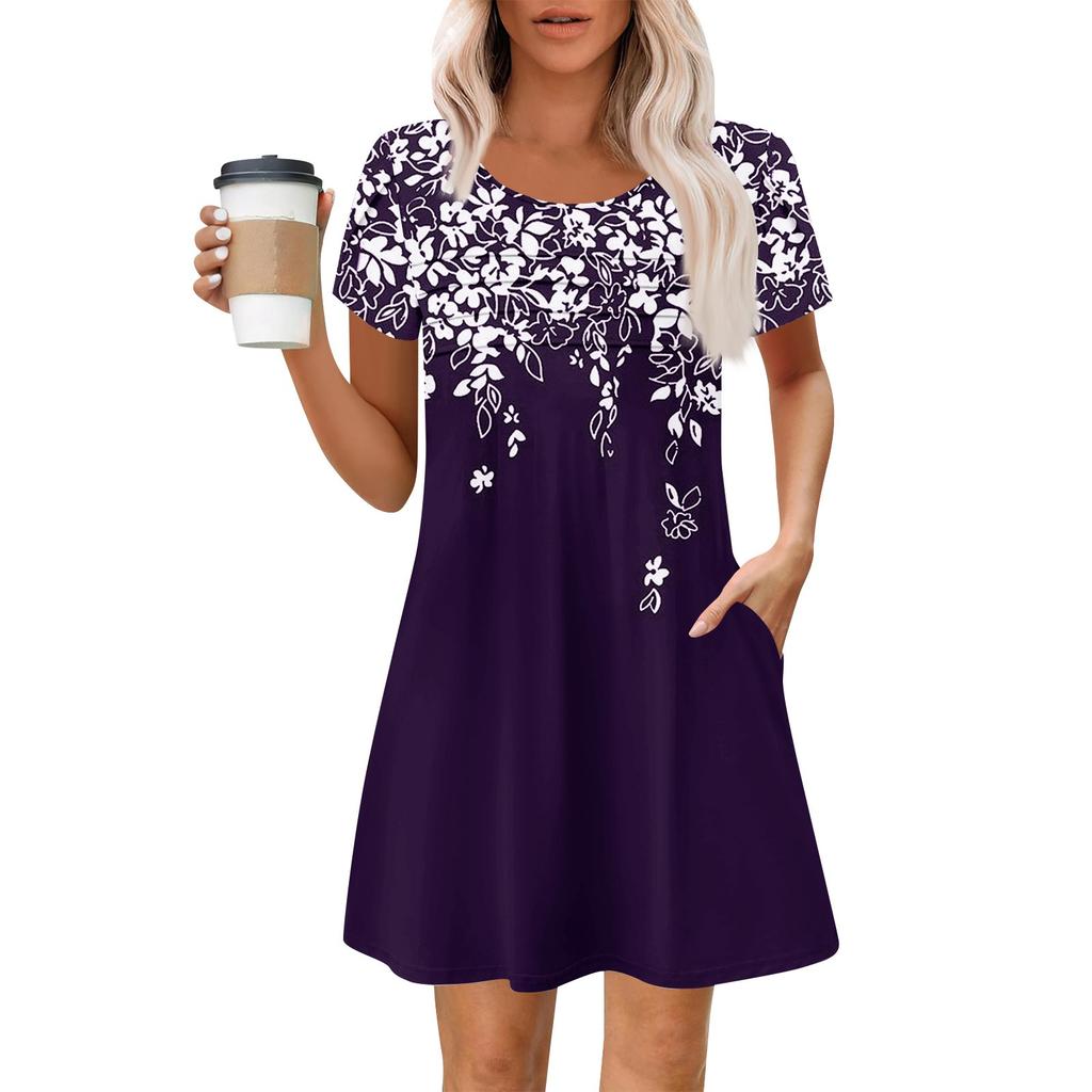 Women's Summer Casual Petal Slim Stripe Pleated Solid Color Dresses