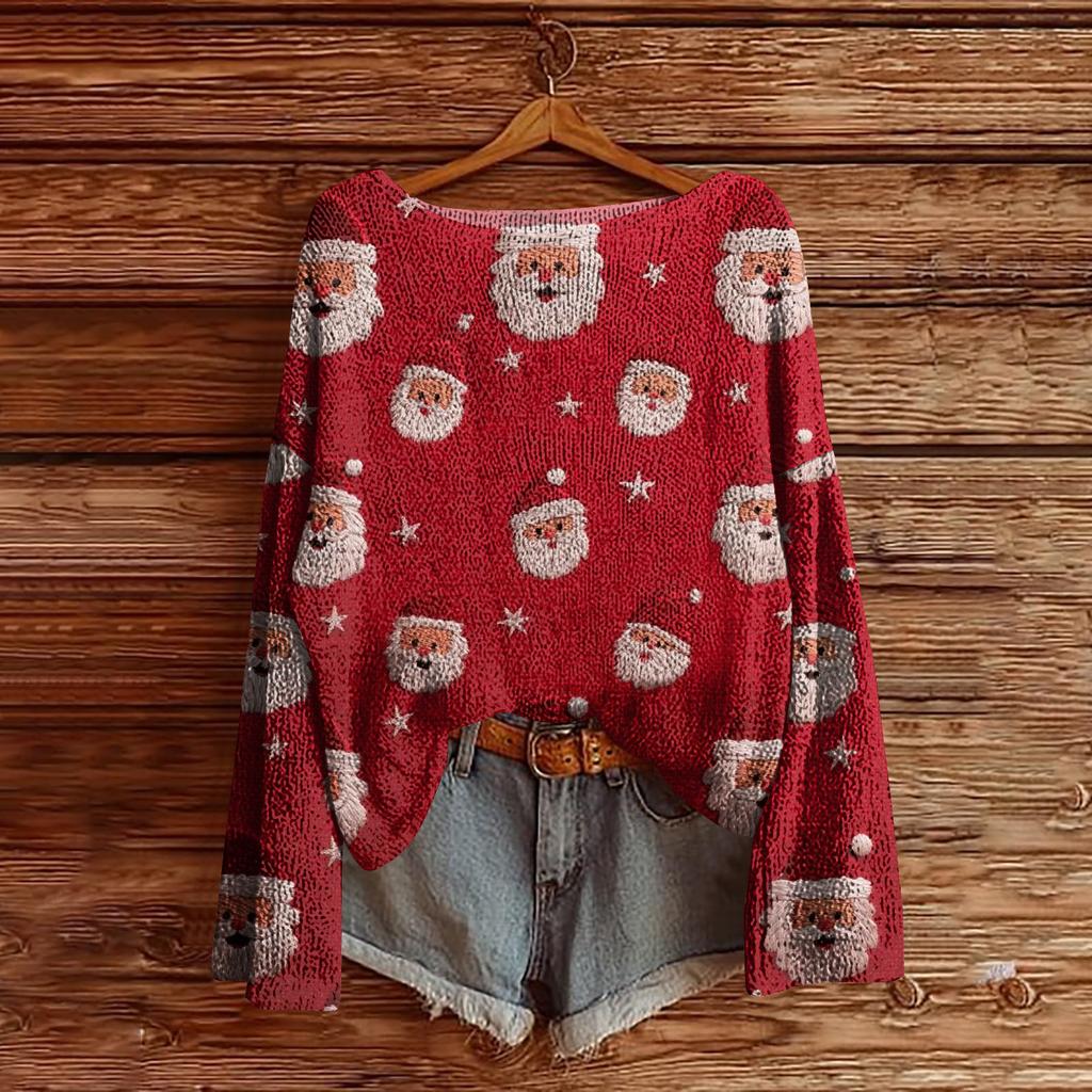Women's Christmas Print Lightweight Sweater Casual Long Sleeve Knitted Pullover