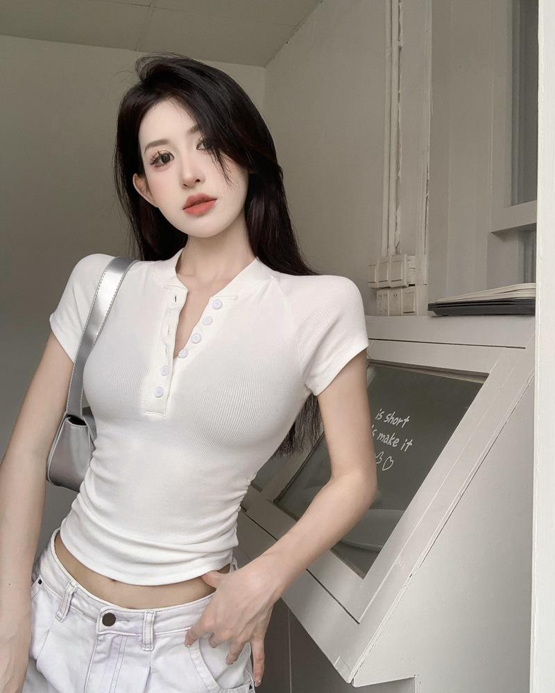 

Summer new American button-down semi-open neck short-sleeved T-shirt women s top slim-fitting pleated short bottoming shirt tide XXL білий