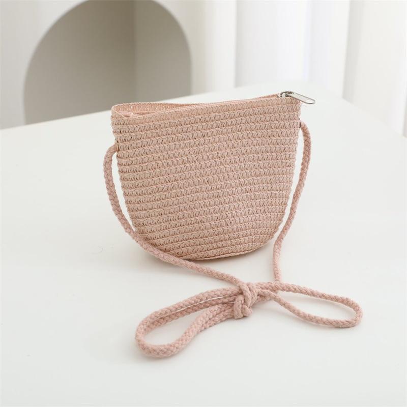 Summer Solid Color Straw Bag Shoulder Messenger Round Bag Children Versatile Outing Beach Bag Light Board DIY Round Weaving