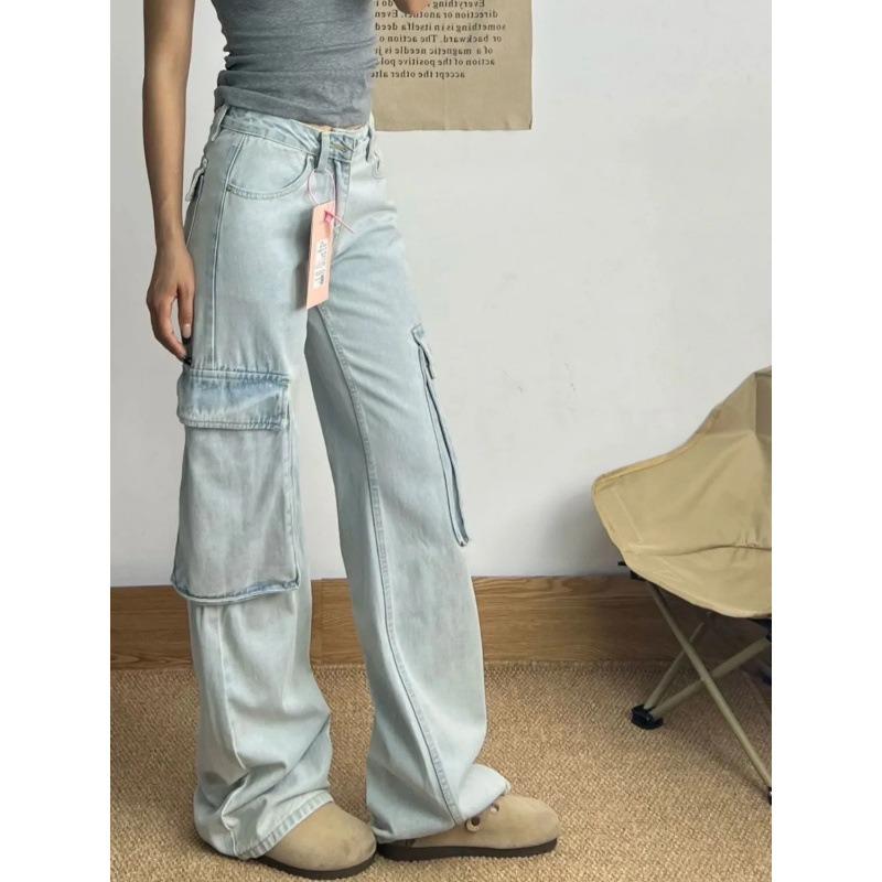 College style light-colored wide-leg tooling jeans women's winter new high-waisted loose and thin straight floor pants
