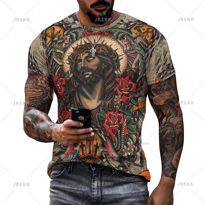 Summer Round Neck 3D Christ Jesus Print Top Fashionable Casual Short Sleeved Men's T-shirts