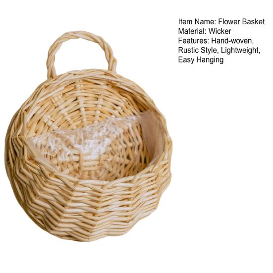 Hand-woven Wicker Basket, Hanging Flower Basket with Handle, Rustic Plant Basket Planter for Indoor Outdoor Wall Decoration