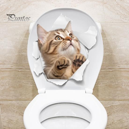 3D Pass Through Cat Toilet Sticker Removable Self-adhesive Waterproof PVC Living Room Bathroom Wall Art Broken Hole Kitten Toilet Lid Decoration Decal