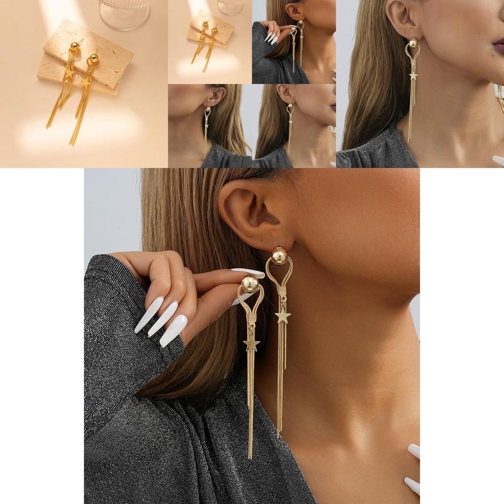 Trendy Gold Star Drop Earrings For Women Fashionable Asymmetric Tassel Style
