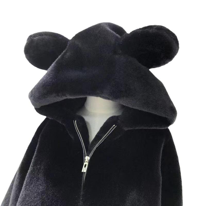 Palton de pluș de lungime medie pentru femei, iarna 2023, cu glugă și urechi de urs