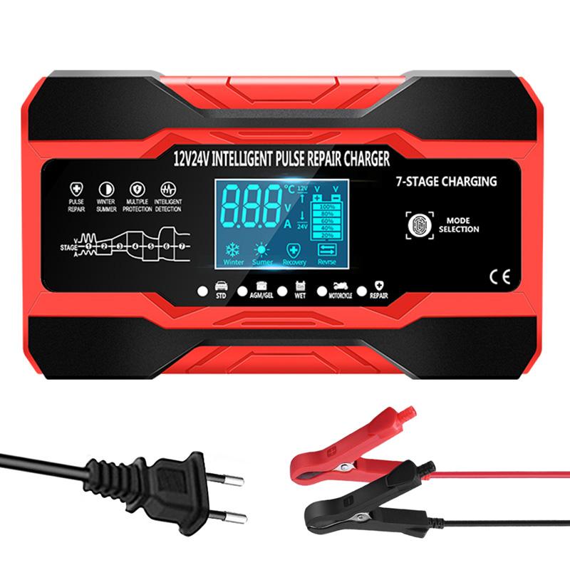 Car Battery Charger Full Auto Motorcycle 12V 24V Pulse Repair LCD Display Smart Fast Charge AGM Deep Cycle GEL Lead-Acid Charger