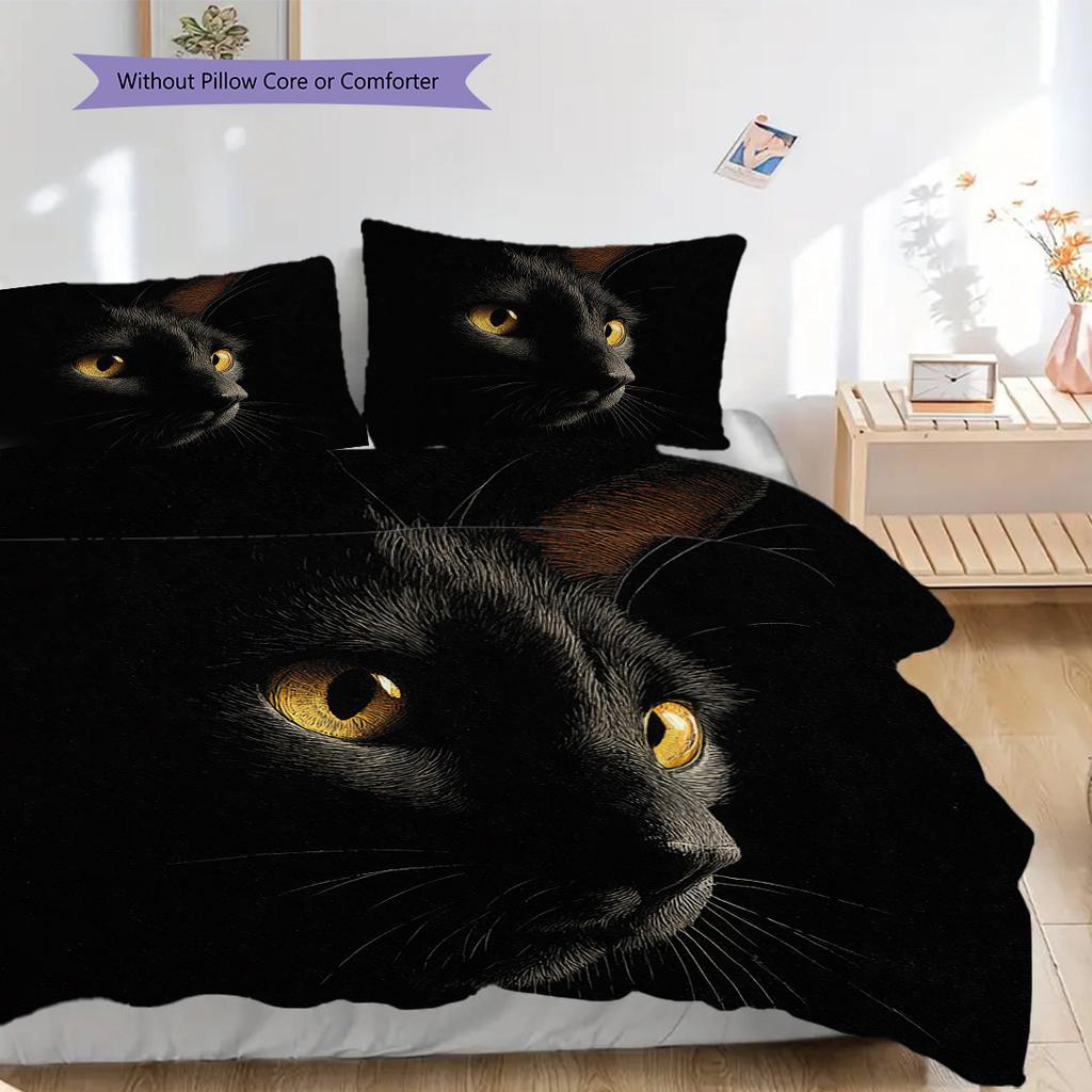 Black Cat Pattern Bedding Quilt Set Quilt Cover Pillowcase Home Decoration Birthday Gift (1 * Duvet Cover + 2 * Pillowcase, Without Core)