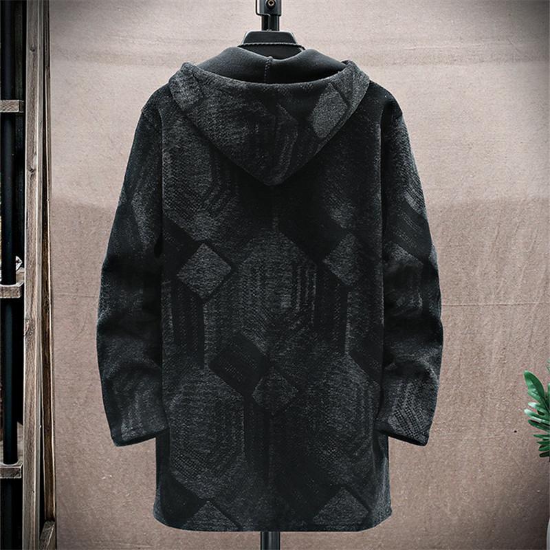 Autumn Winter Men's Fleece Mid Length Hooded Knit Cardigan Casual Knitwear Coat Thickened Warm Sweatercoat Men