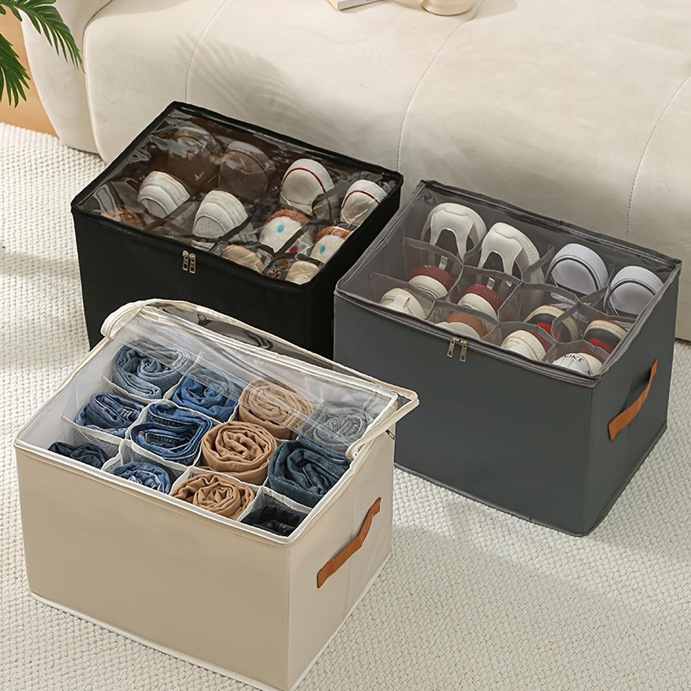 1 Stück Platzsparende Schuhaufbewahrungsbox mit transparentem Deckel – Stapelbarer, faltbarer Organizer für Schuhe und Kissen, Beiges Stoffdesign