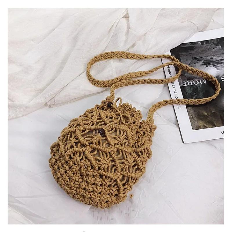 

Women s Handmade Woven Cotton Rope Bucket Bag - Summer Beach Shoulder Bag with Drawstring Convertible to Crossbody Purse Bolsa 18x17cm світло-коричневого кольору