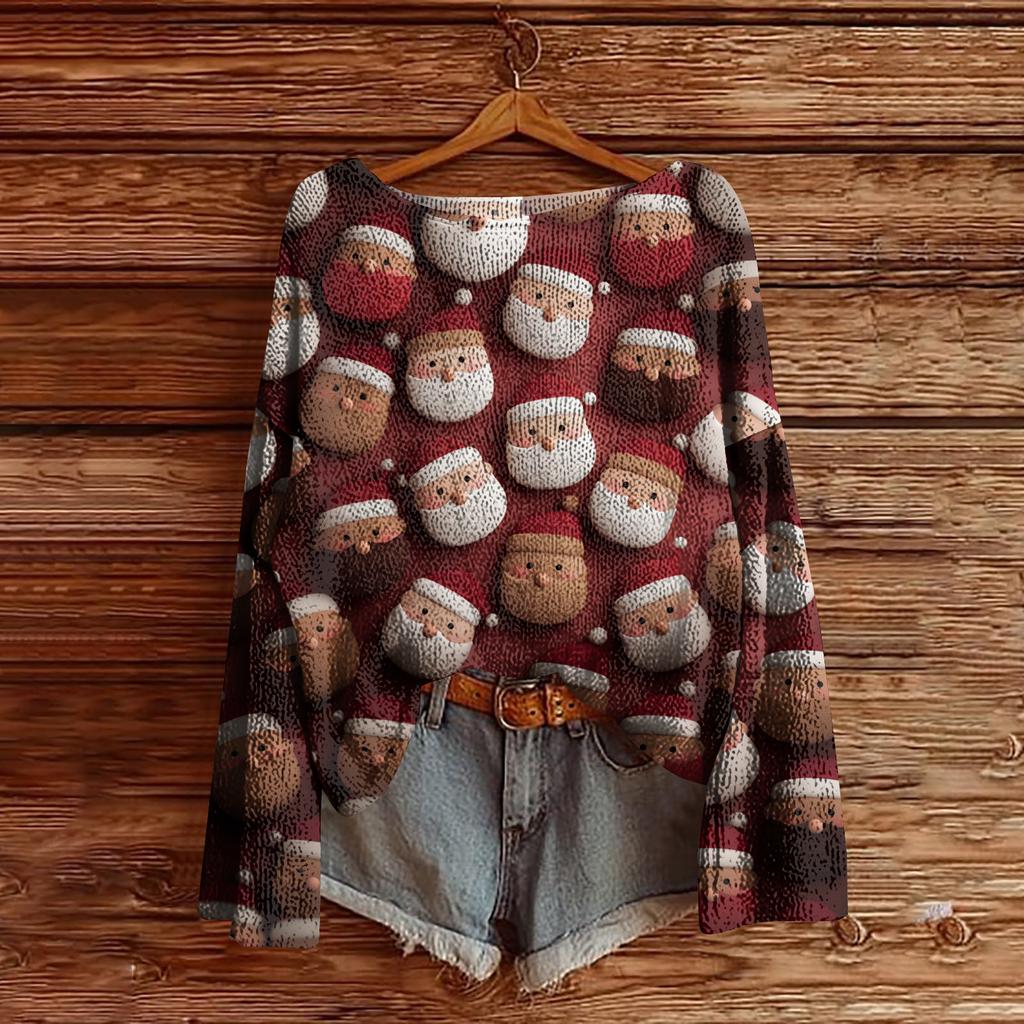 Women's Christmas Print Lightweight Sweater Casual Long Sleeve Knitted Pullover
