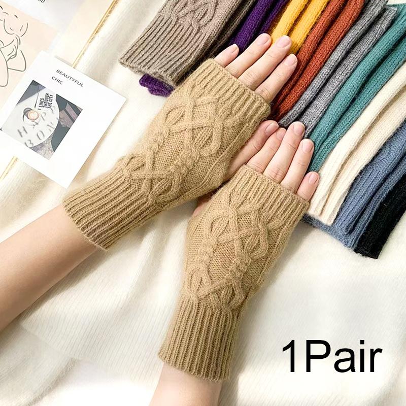 1Pair Women Winter Warm Gloves Soft Fingerless Long Polyester Solid Color Warmer Mittens