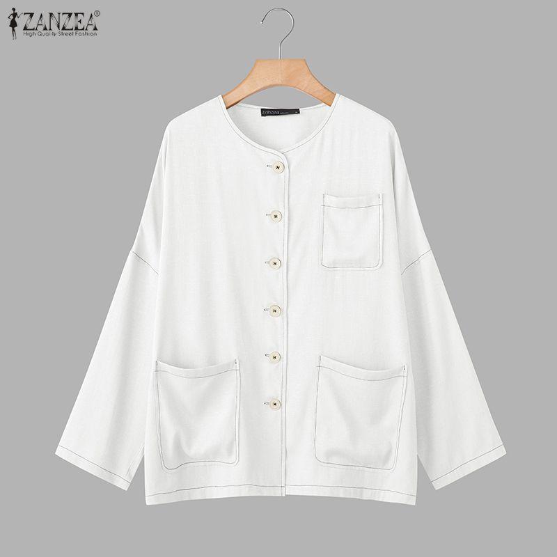 

ZANZEA Women Casual Round Neck Long Sleeve Buttons Stitching Thin Cardigan Blouse S білий