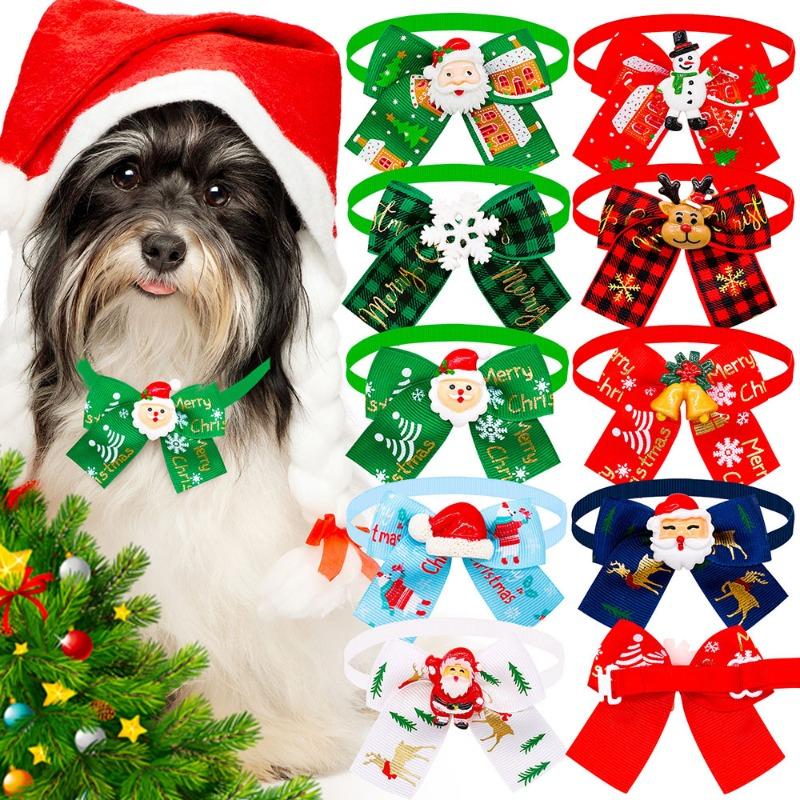 8pcs Christmas Santa Claus Doll Pet Dog Dog Cat Bow Tie Accessories Christmas Tree Decoration Adjustable Pet Red Collar