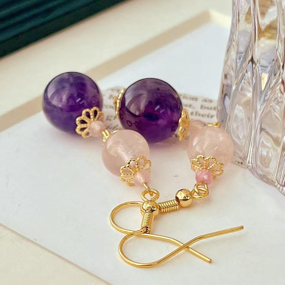 Vintage Romantic Natural Amethyst Powder Crystal Earrings