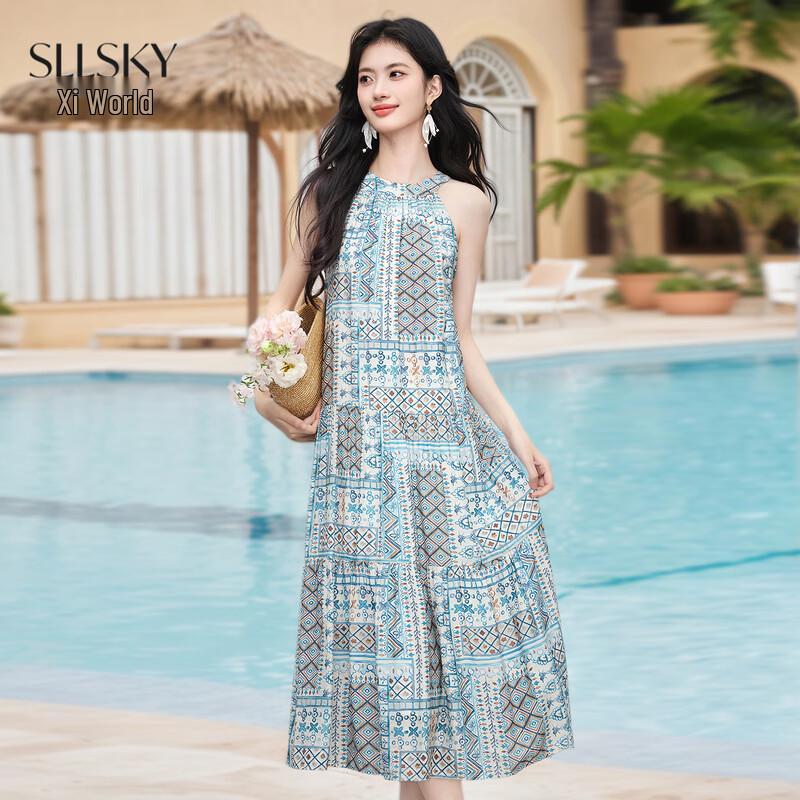 Sllsky Bohemian Ethnic Print Halter Sleeveless Maxi Dress 2XL