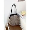 Spring Dopamine Contrasting Color Beach Bag Mesh Pocket Hollow Woven Bag Island Vacation Picnic Travel Shoulder Handbag