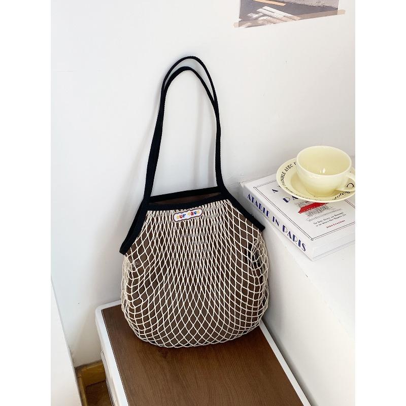 

Spring dopamine contrasting color beach bag mesh pocket hollow woven bag island vacation picnic travel shoulder handbag