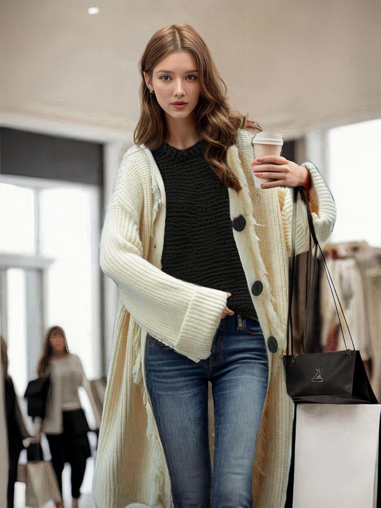 Europäischer & Amerikanischer Stil Quaste Einfarbig Damen Langer Cardigan - Herbst/Winter Langärmlige Strickware