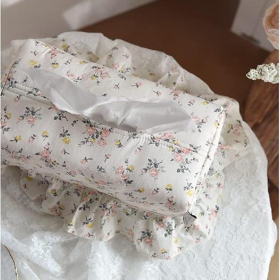 Rose Flower Home Living Rectangle Premium Cotton Tissue Box Cover with Lace, Well-Stitched House Decoration Refill Holder, Facial Paper Dispenser for