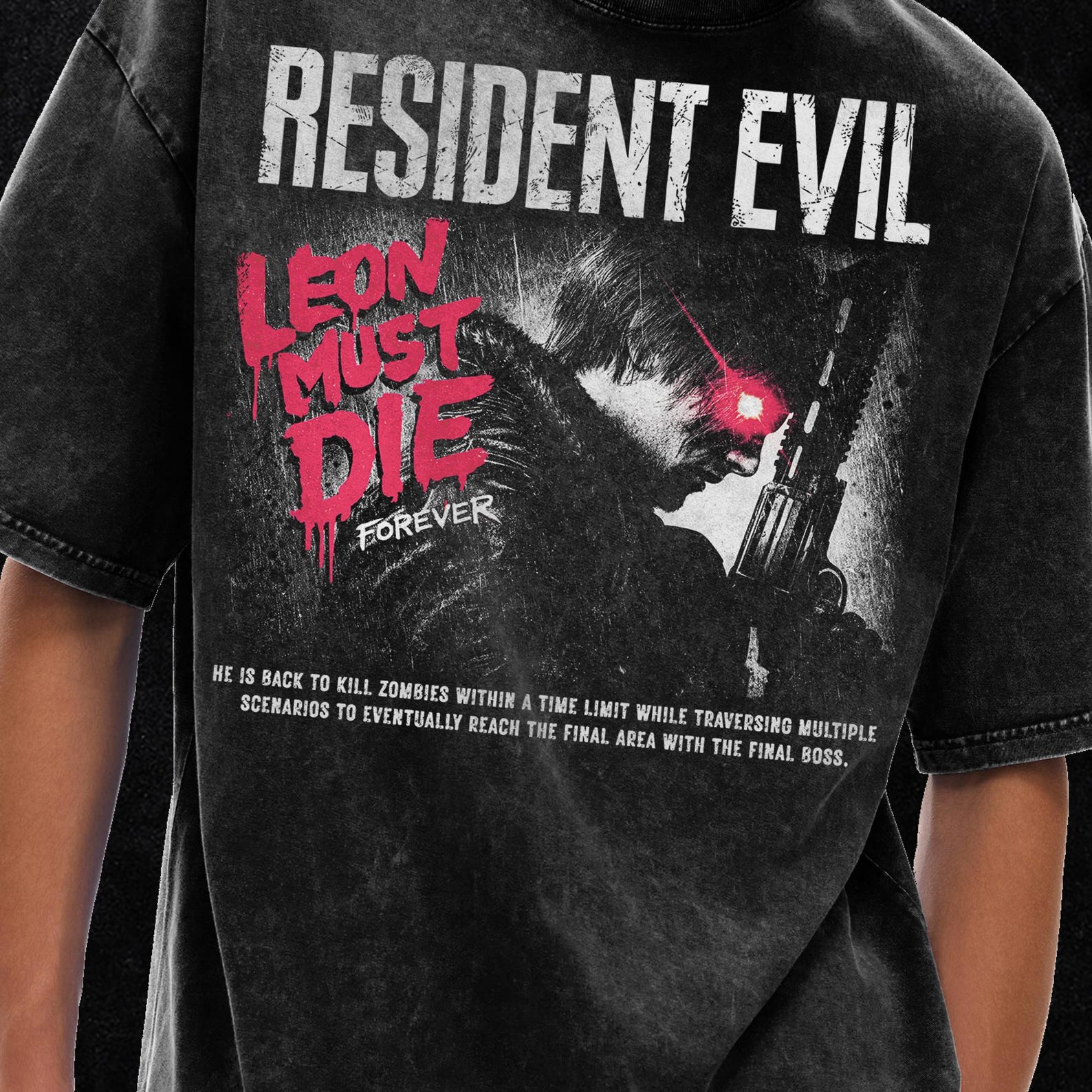 Resident Evil Requiem T-Shirt, Leon Must Die Forever, Acid Wash Oversize T-Shirt - 250 GSM, Grunge & Goth Streetwear, Vintage Washed T-Shirt 2XL