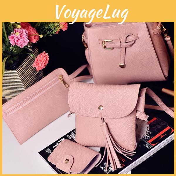 Elegant 4pcs Women Lady Handbag Set In Premium Pu Leather With Adjustable Strap