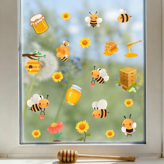 Spring Summer Bee Window Clings Honey Bee Static Glass Stickers Sunflower Honeypot Bee Removable Decals for Home Party Shop Glass Decor