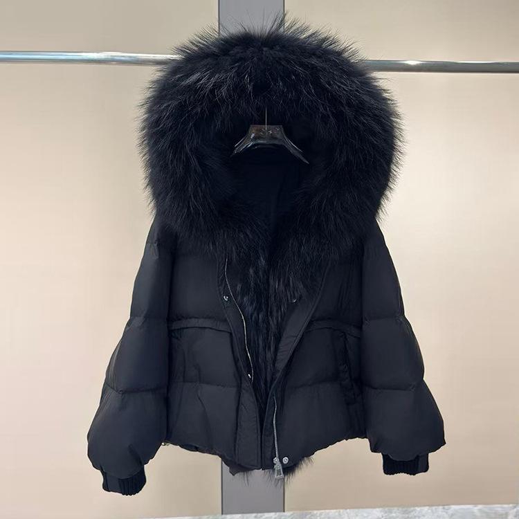 Winter New European Fox Big Fur Collar Hooded Down Jacket Women's Short Loose Thickened White Duck Down Jacket