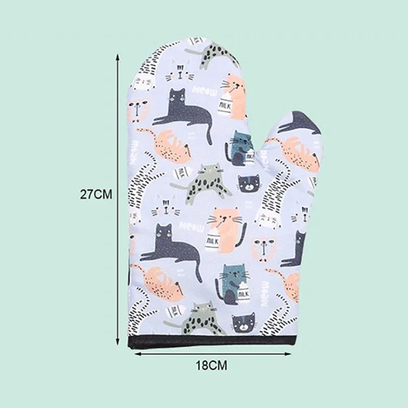 A Pair Heat Insulation Gloves Oven Microwave Baking Glove Thick Anti-scald Non-slip Steamer Mitts Cat Pattern Kitchen Tools