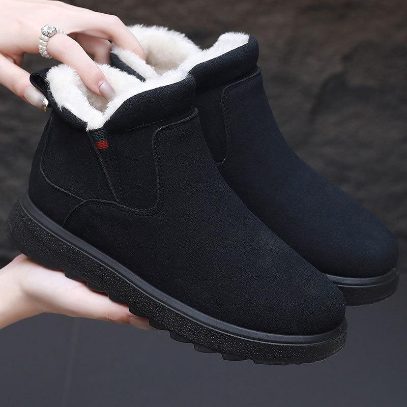 Medium and high-top snow boots women's winter one-pedal pu cotton shoes women's velvet warm thick-soled cotton shoes