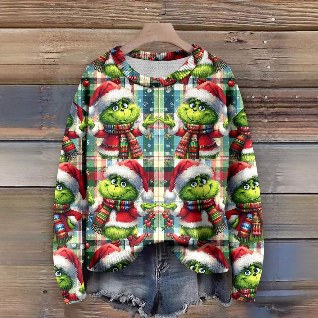 Long Sleeve Pullover Sweaters For Women O Neck Casual Cute Printing Knit Oversized Sweater