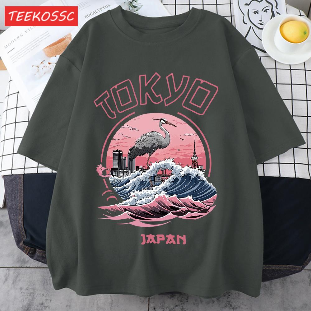 Tokyo Japan Harajuku Crane Waves Men TShirt AllMatch Casual Short Sleeve Cotton Summer Tee Male Hip Hop ONeck Streetwear
