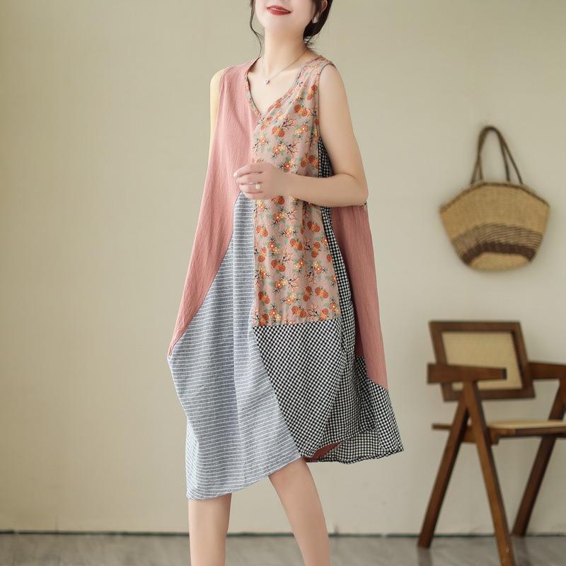 Women's Art Style Splicing Halter Vest Dress In The Long Irregular Swing Dress