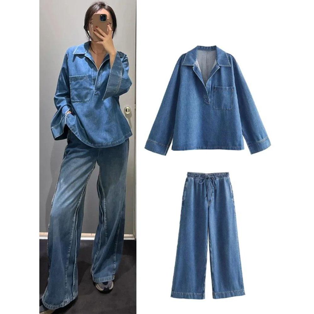 

Женские джинсовые комплекты из двух предметов, новинка 2024 года, весенне-летние синие повседневные топы с отложным воротником и длинными рукавами, широкие брюки, женские простые костюмы