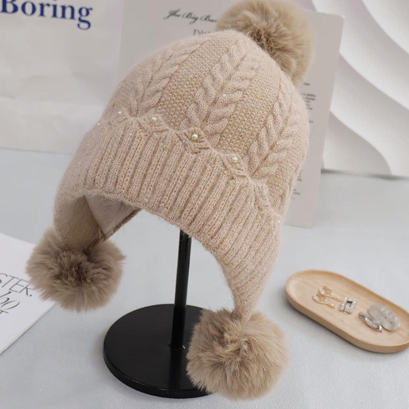Fleece Kaninchenfell Gestrickte Thermomütze Damen Herbst und Winter Mode Pompon Ohrenschützer Wolle Pullovermütze