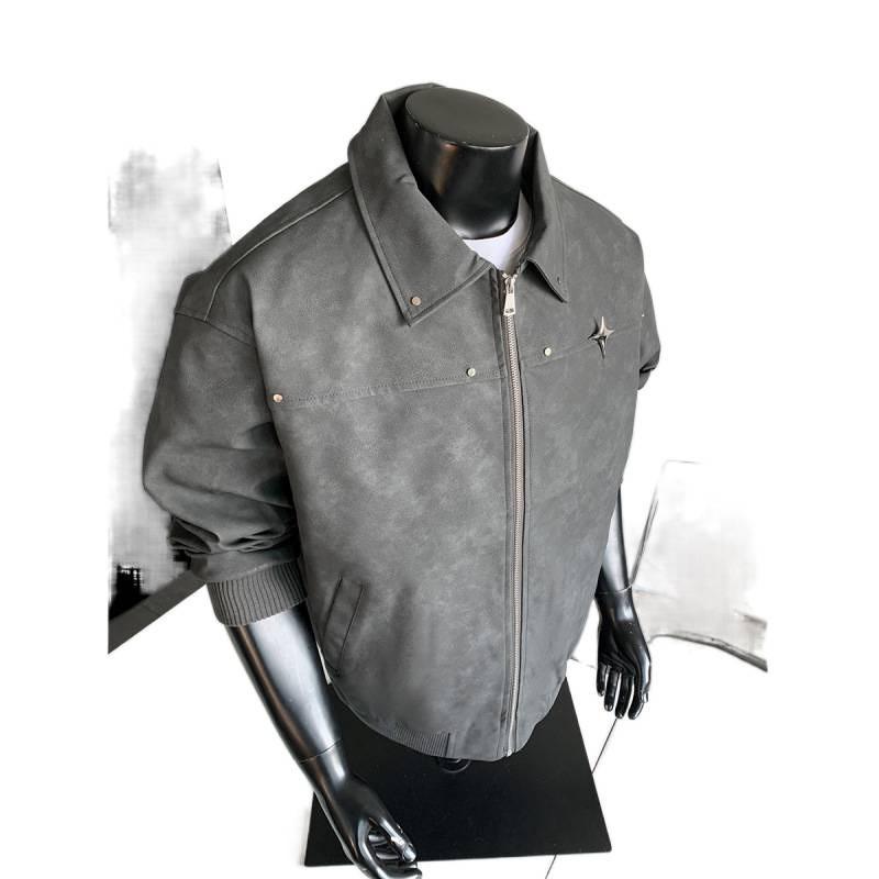 Mens Vintage Washed PU Leather Jacket With Metal Pin Detail Loose Fit Long Coat