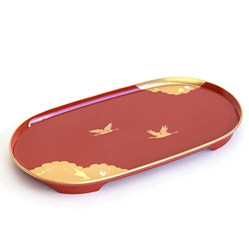 Maeju Lacquerware Toso Set, Shining Vermilion Red with Crane and Phlogopite Design, Includes Sake Cup, Choshi, and Toso Stand, Traditional Craftsmansh
