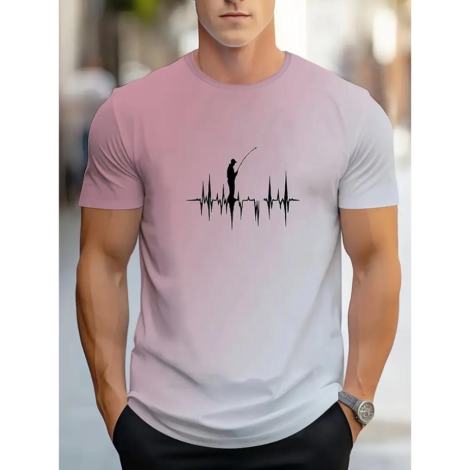 Fishing Print T-shirt, Men's Casual Street Style Stretch Round Neck Tee Shirt for Summer, Fishing Gear