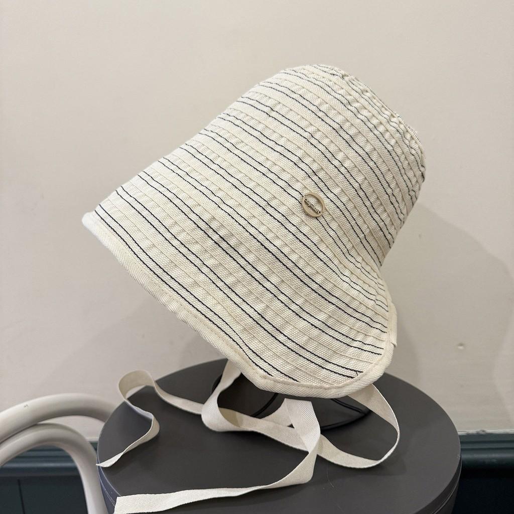 Summer Sun Protection Fisherman Hat For Women With Wide Brim And Striped Cotton Material