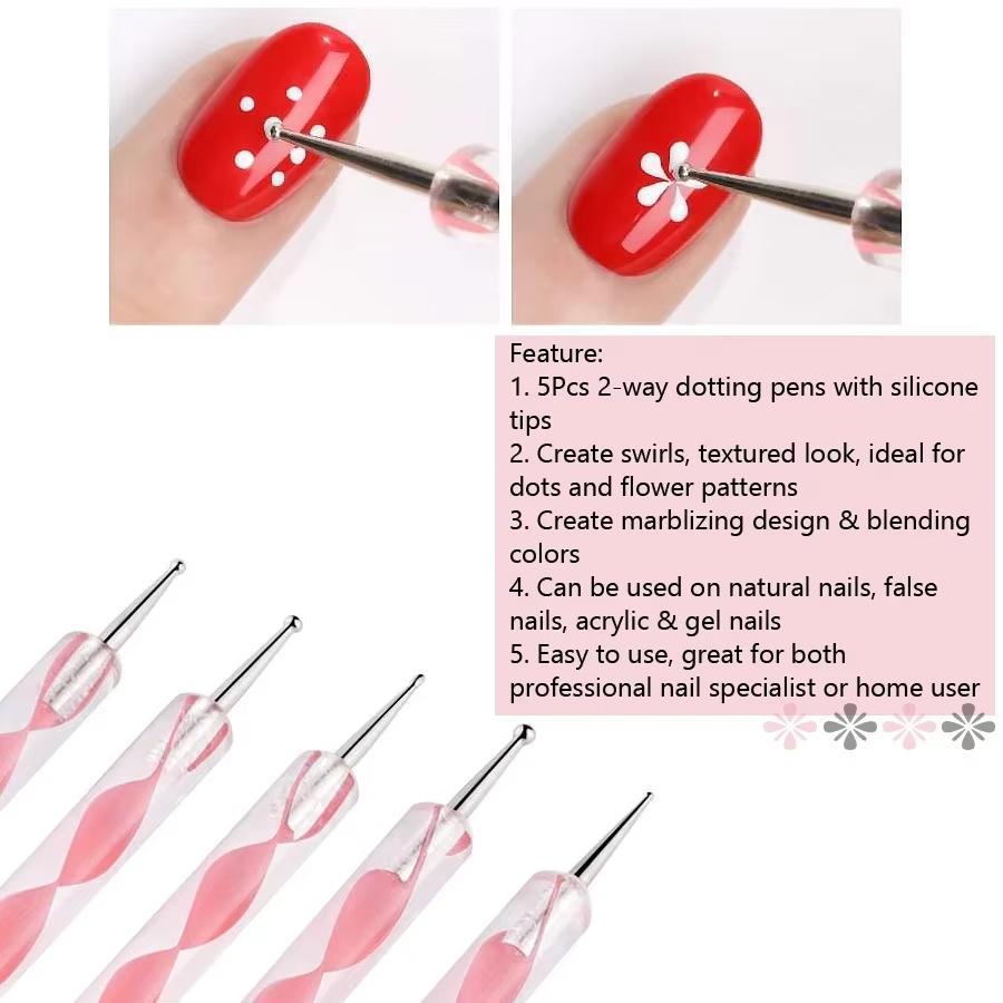 5Pcs 2 Way Nail Art Acrylic Silicone Point Flower Nail Pen Stainless Steel Dotting Tools Marbleizing Painting Pens